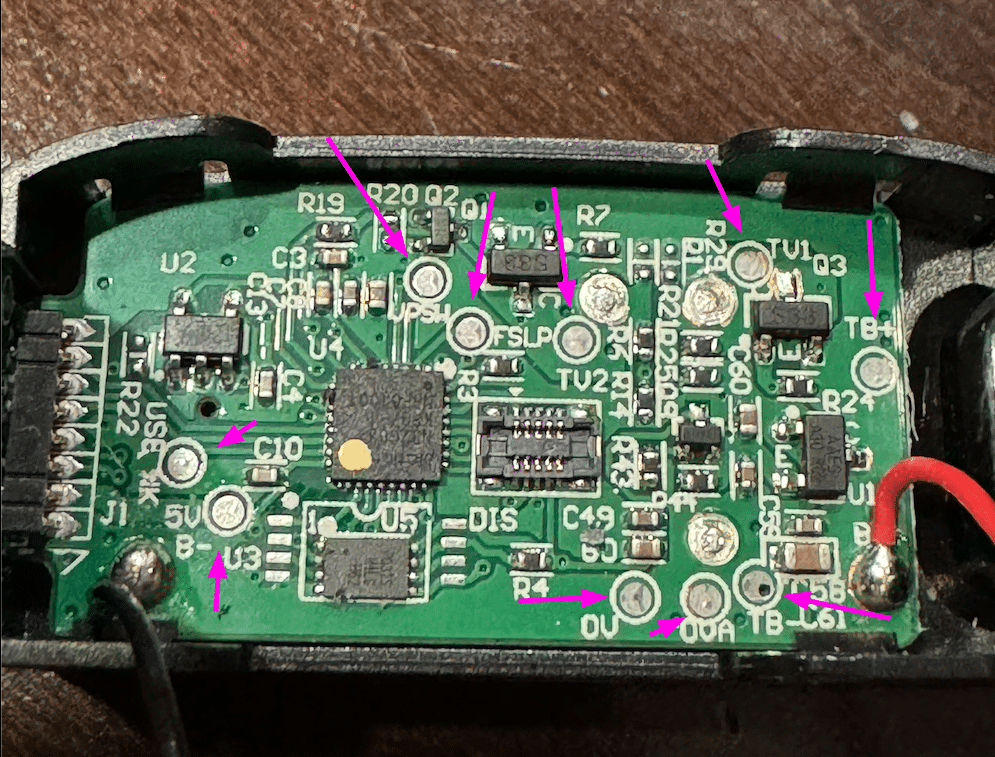 The main PCB’s test points, which were ultimately not used for hacking the vape.
