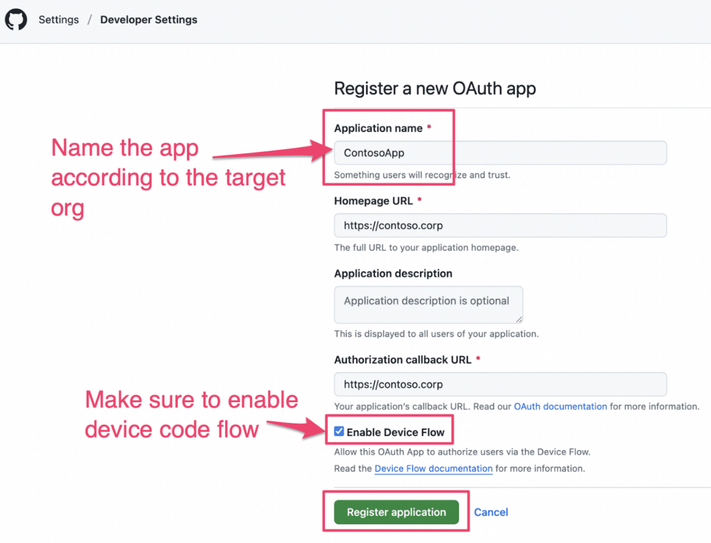 Naming the app and enabling device flow.