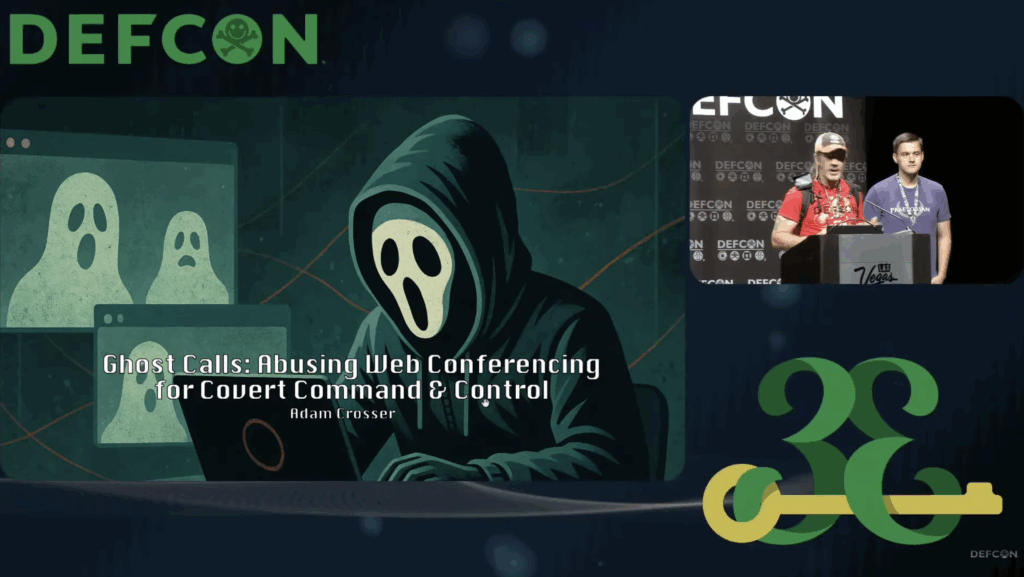 DEF CON 33 Ghost Calls presentation slide showing covert C2 channels using web conferencing protocols by Adam Crosser