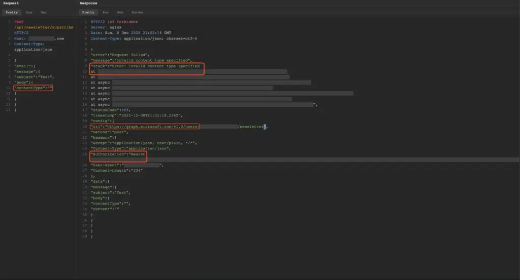 Split-view screenshot of an HTTP request and response. On the left, a request is sent with an empty content type. On the right, the server returns a 403 Forbidden error with a stack trace highlighted in red, leaking the internal Microsoft Graph URL and confirming the presence of an Authorization Bearer token.
