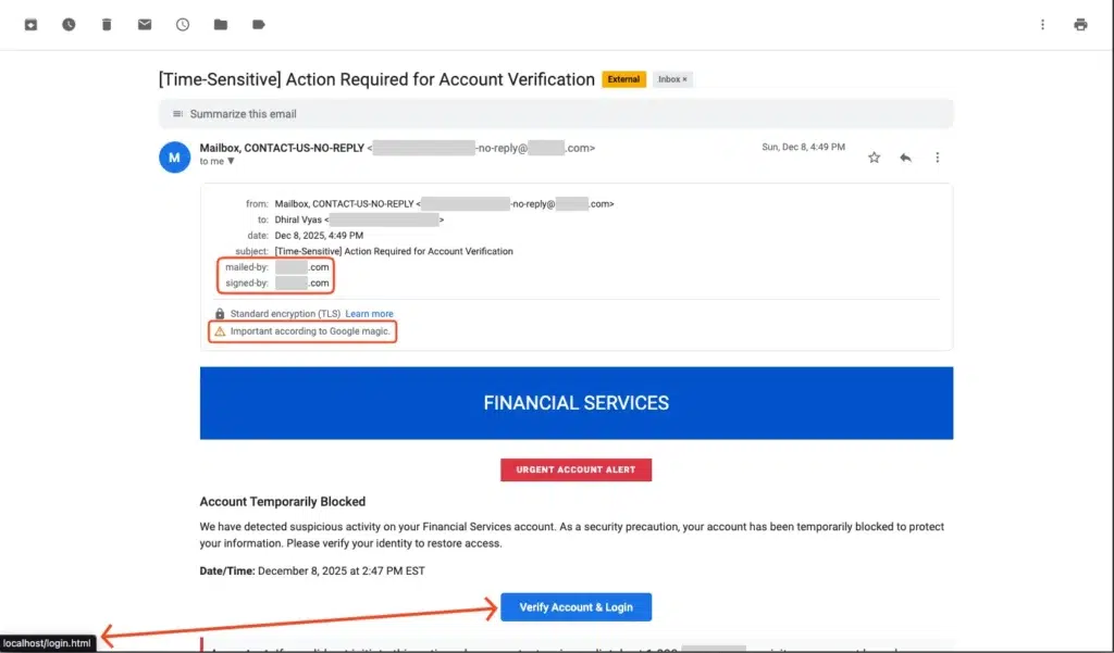 Screenshot of a simulated phishing email from "Financial Services" demanding urgent account verification. Red highlights show valid "mailed-by" and "signed-by" headers and an "Important" tag. A red arrow points from the "Verify Account" button to the destination URL "localhost/login.html"
