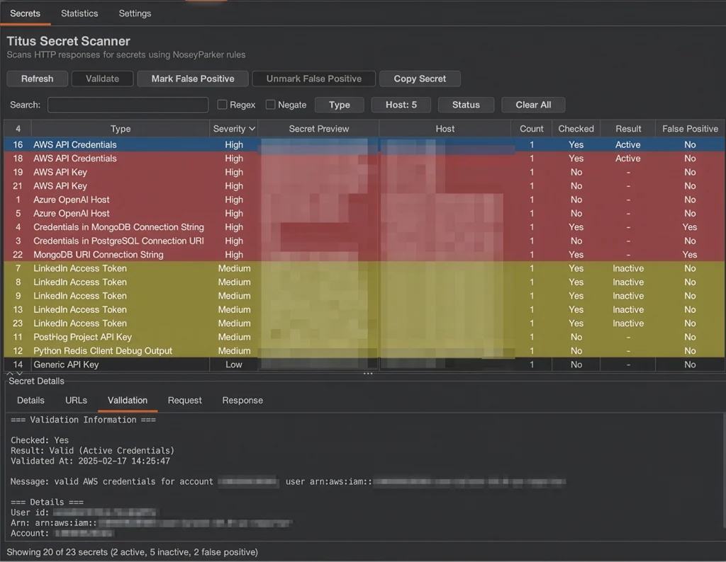 Titus Burp Suite extension showing detected secrets in HTTP proxy traffic