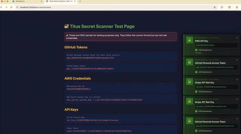Titus Chrome extension scanning JavaScript for leaked credentials with achievement notification