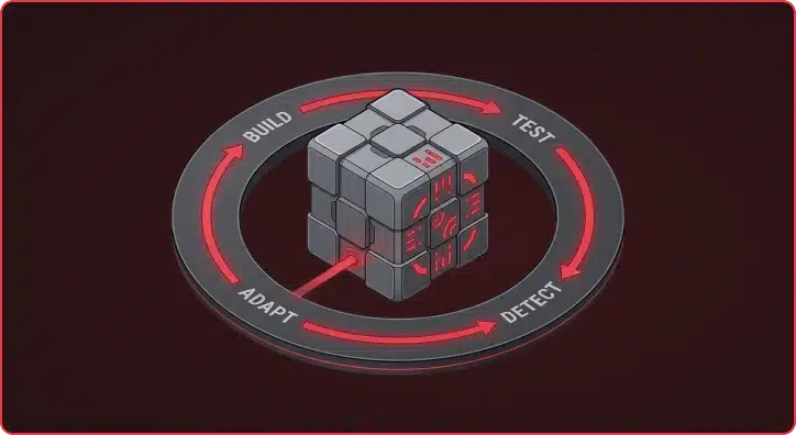 AI-driven offensive security cycle showing build, test, detect, and adapt phases around a cube with security symbols