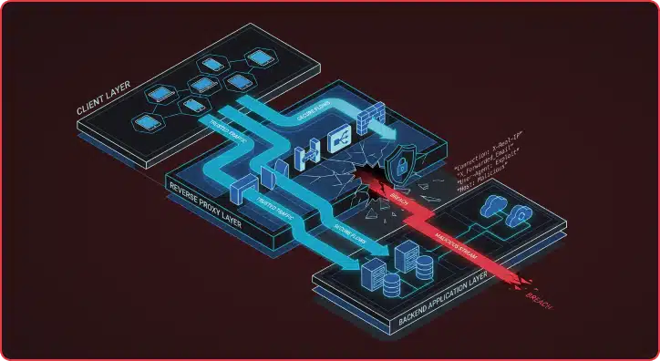 Isometric diagram showing trusted and malicious traffic flows across client, reverse proxy, and backend application layers, illustrating how a proxy breach enables attacker access to backend systems
