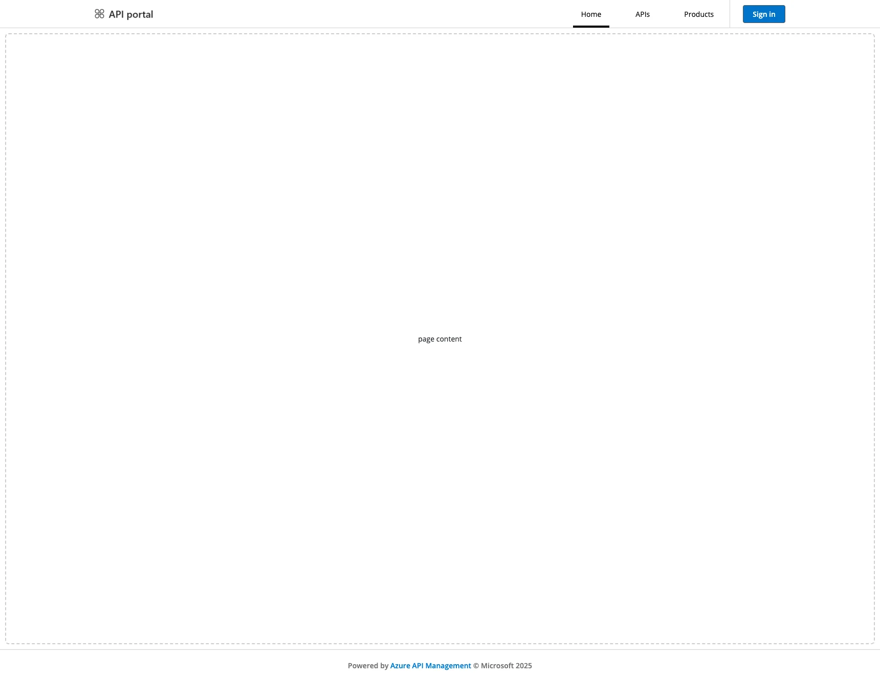 API portal webpage with header navigation showing Home, APIs, Products links and Sign In button, main content area displays 'page content' text