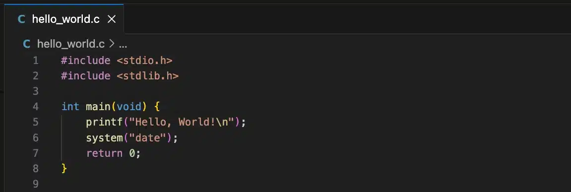 C code editor showing hello_world.c file with main function containing printf Hello World, system date command, and return 0