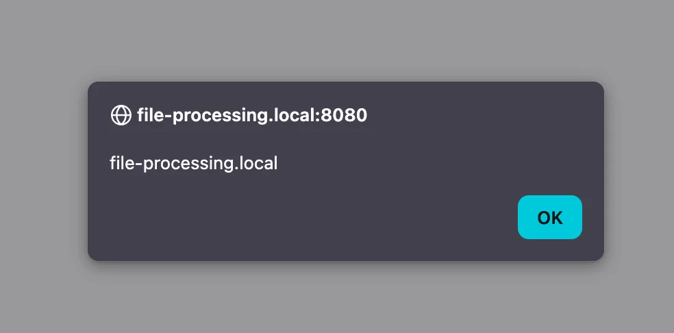Dialog box showing localhost URL file-processing.local:8080 with file-processing.local text and cyan OK button