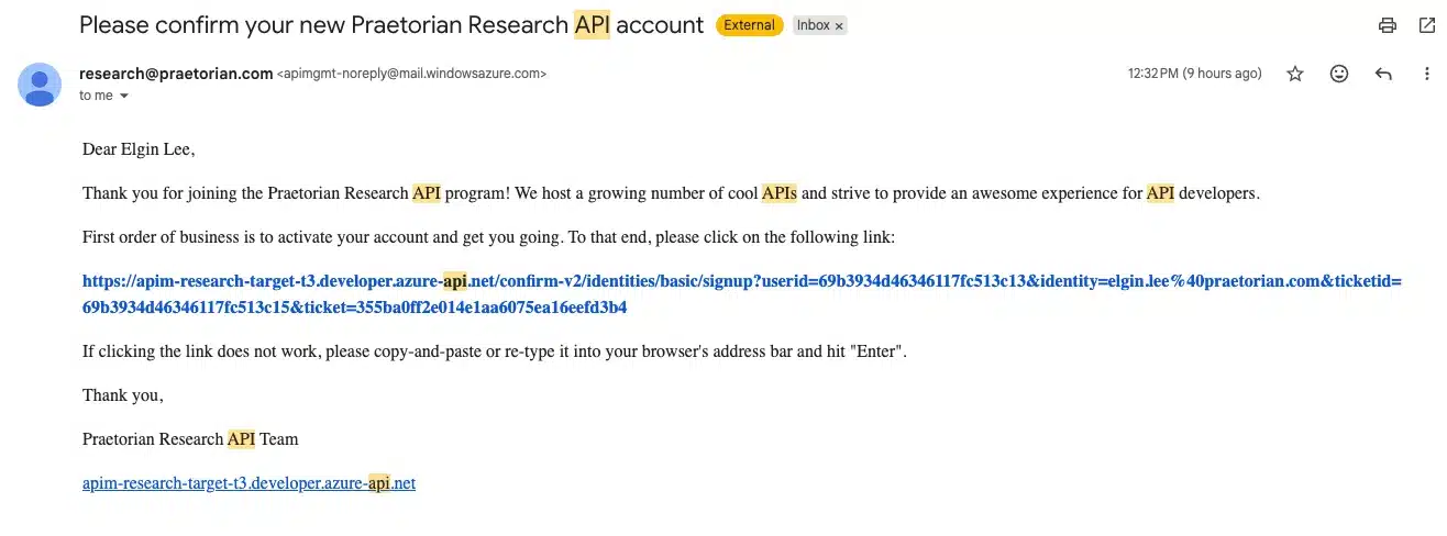 Email from research@praetorian.com asking user to confirm new API account by clicking a suspicious link with long parameters