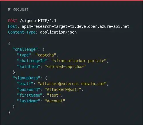 HTTP POST request to signup endpoint with JSON payload containing CAPTCHA challenge data and user registration details
