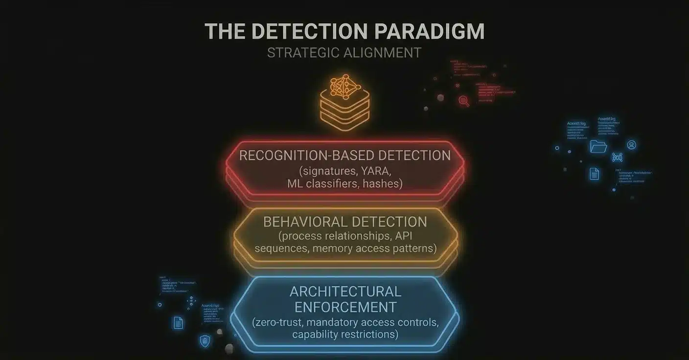 Layered diagram showing three cybersecurity detection methods: recognition-based (red), behavioral (orange), and architectural enforcement (blue)