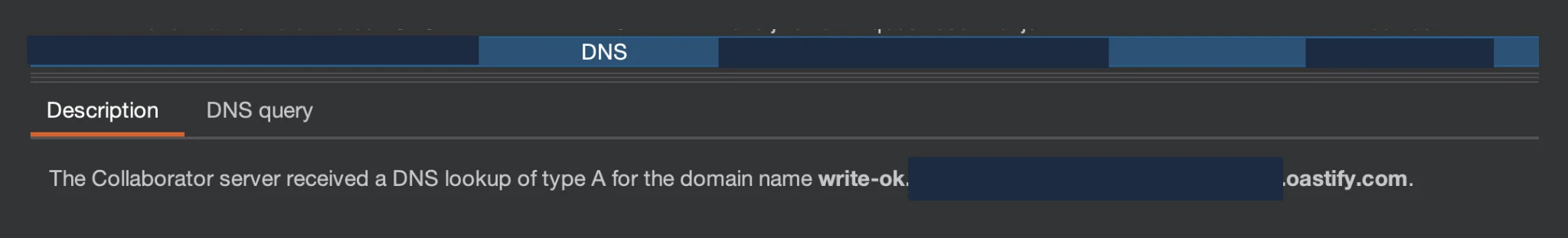 Screenshot of DNS query log showing Collaborator server received type A lookup for domain write-ok.oastify.com