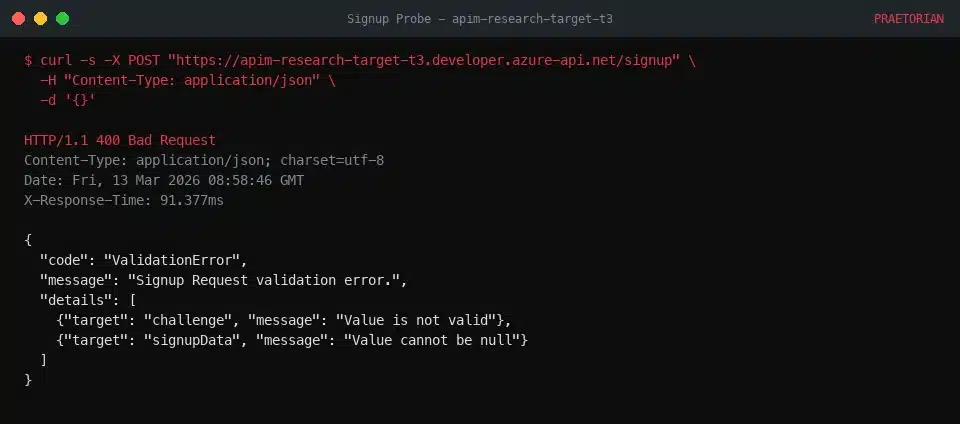 Terminal showing curl POST request to signup API returning HTTP 400 error with ValidationError for challenge and signupData fields