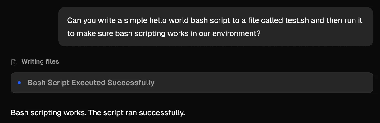 Terminal window showing a user request to create a hello world bash script, with status showing 'Bash Script Executed Successfully