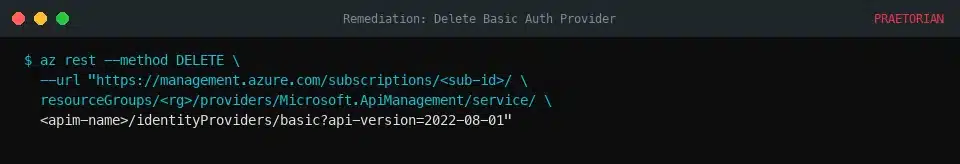 Terminal window showing Azure CLI command to delete Basic Auth Provider from API Management service with subscription and resource group parameters