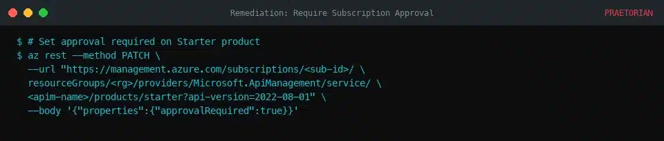 Terminal window showing Azure CLI command to set approval required on Starter product using PATCH method with JSON body