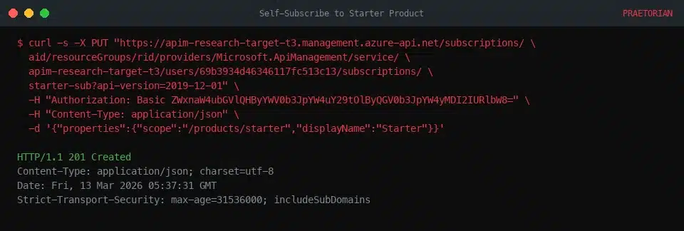 Terminal window showing curl command creating Azure subscription with PUT request, displaying HTTP 201 response with JSON data