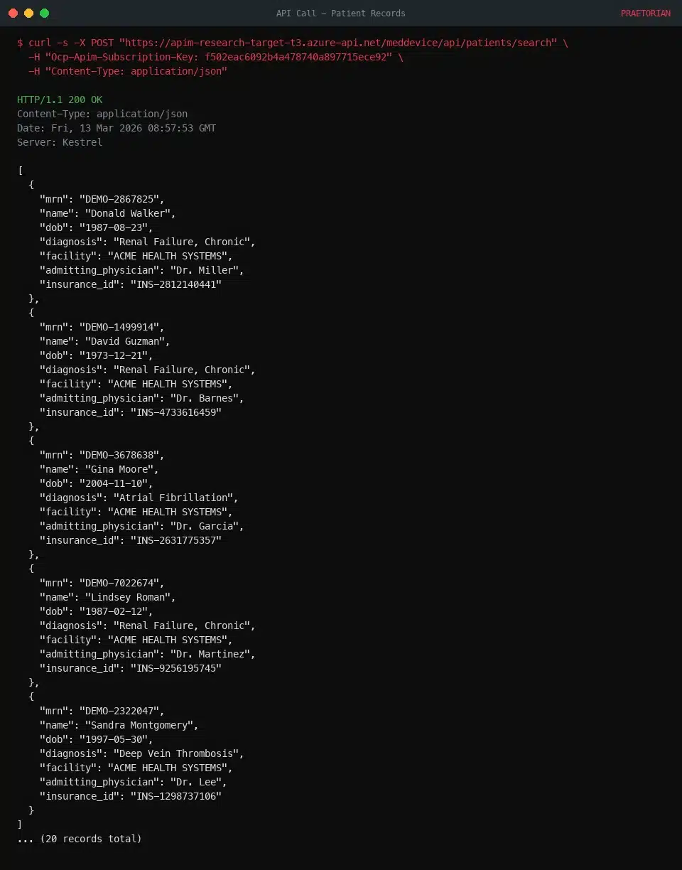 Terminal window showing JSON response from medical API with patient records including names, diagnoses, and physician details