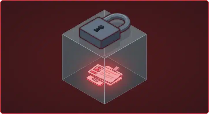 Padlock sitting outside a transparent box exposing the credential card inside, illustrating Canon printer's broken client-side