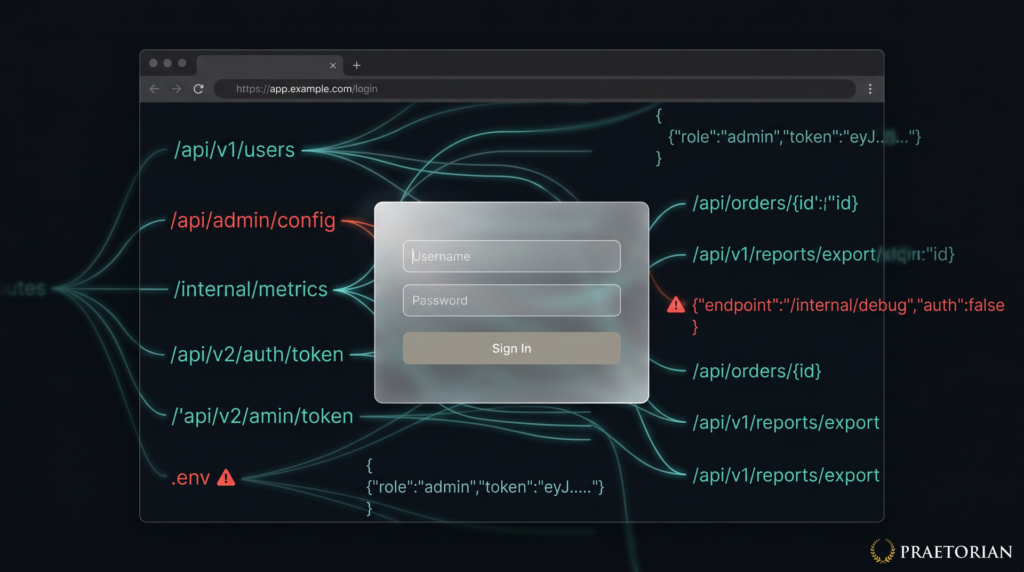A login page rendered semi-transparent, revealing JavaScript route definitions, API endpoint URLs, and a highlighted hardcoded secret behind it.