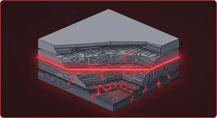 Cross-section of a layered silicon chip with a glowing red fracture splitting the kernel layer, representing a FreeBSD kernel memory corruption vulnerability