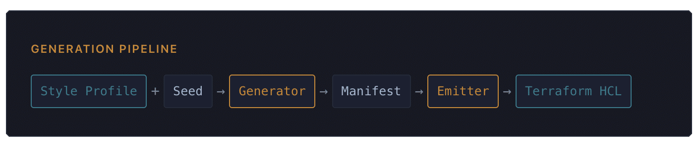Knossos generation pipeline diagram: Style Profile plus Seed feed the Generator, producing a Manifest, then the Emitter outputs Terraform HCL.