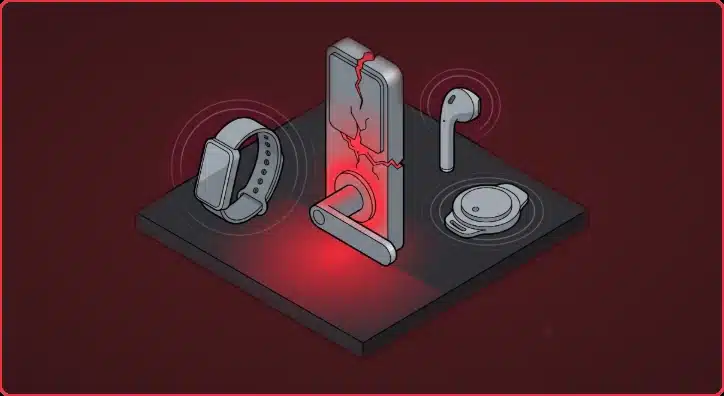 Isometric BLE devices: a smartwatch, smart lock, earbuds and tracker emitting Bluetooth signals under a red attack glow